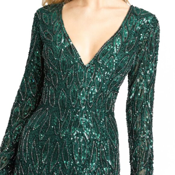 MAC DUGGAL 5451 LONG SLEEVE BEADED V-NECK FOREST GREEN GOWN sz 8 - Picture 3 of 5